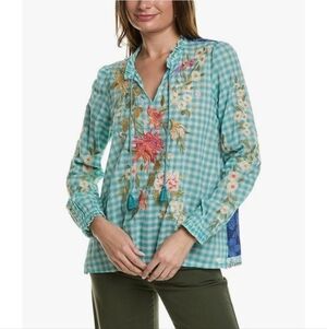 Johnny Was Workshop Nalina Ruffle  Embroidered Boho Blouse Size Large